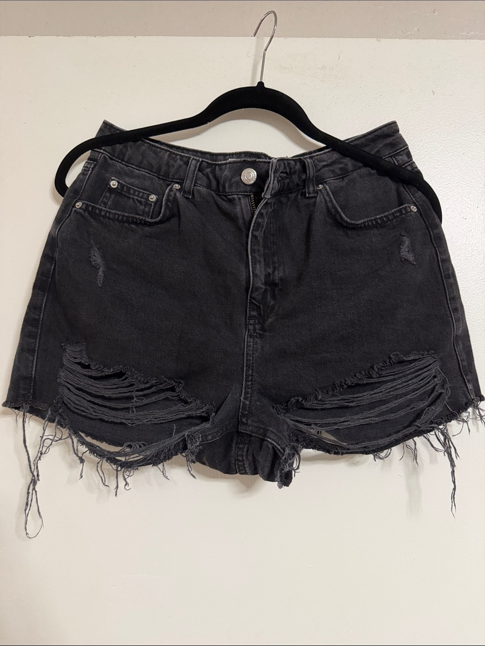 Topshop Black Distressed High-Rise Denim Shorts